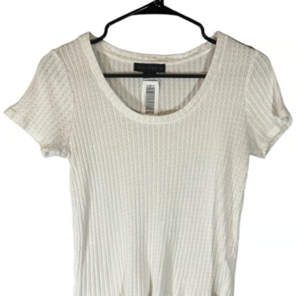 Sanctuary White Ribbed Textured Boat Neck Cotton Short Sleeve Shirt Women
